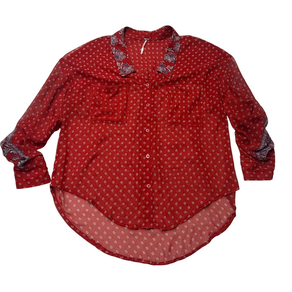Free People Button Down Red Floral Medallion Sheer Shirt‎ Paisley XS Boho